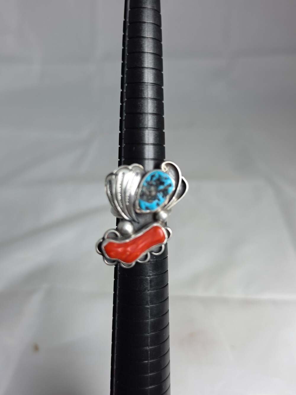 Vintage Navajo Sterling Silver Turquoise and Mediterranean Coral Leafwork Statem